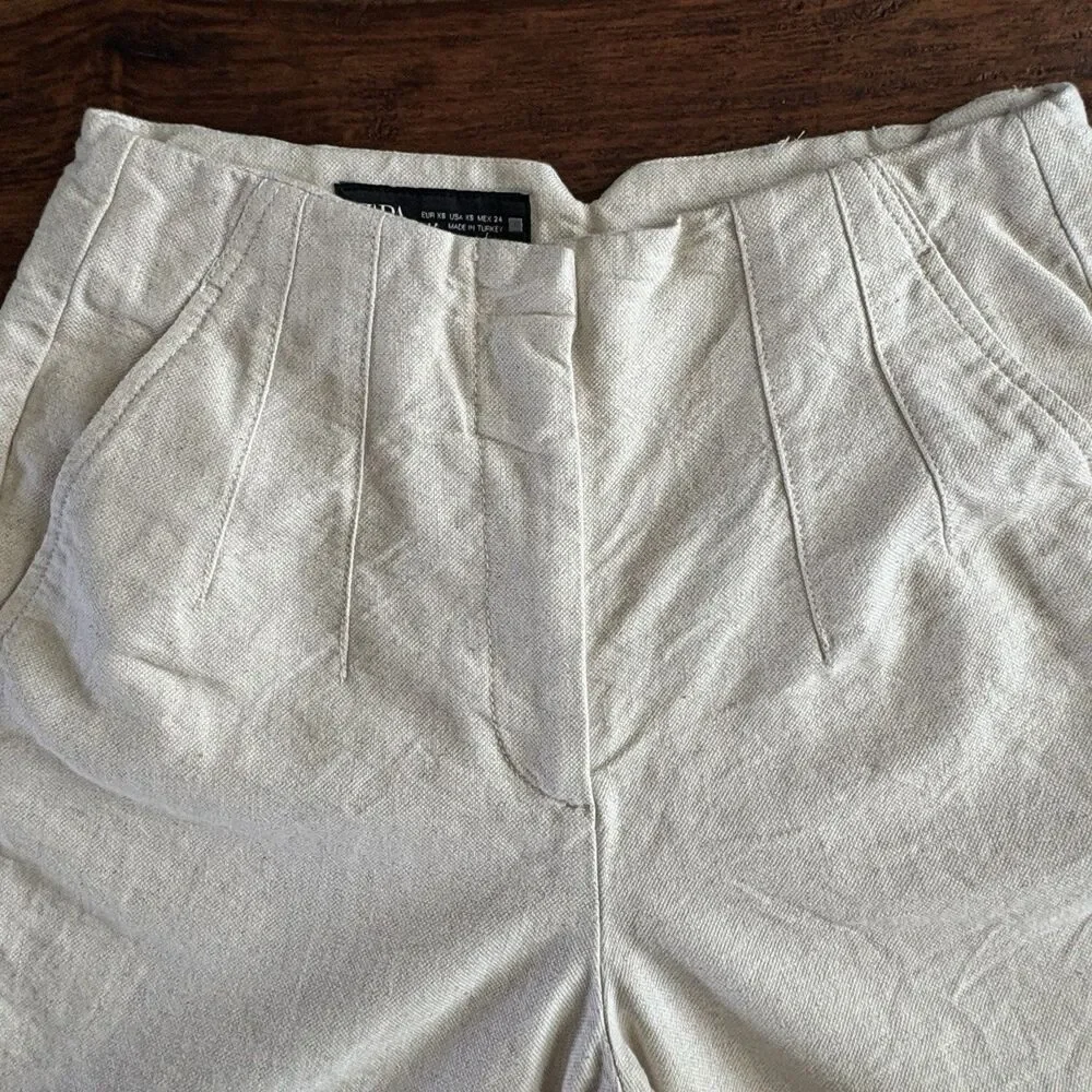 Zara Women Barrrel Leg Pants Cream Cotton Linen Blend Beach Casual Sz XS